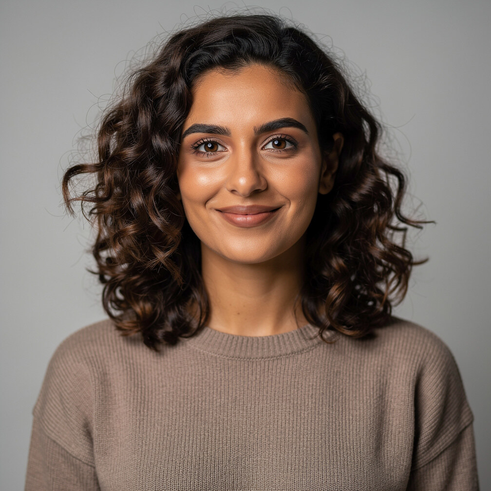 Studio portrait of a Portuguese woman data journalist in her 20s