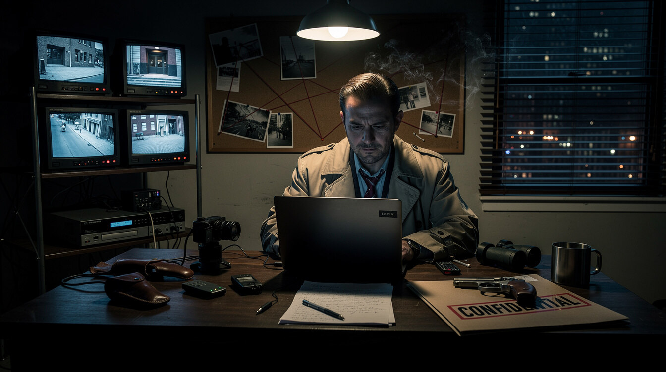detective using laptop in dark room