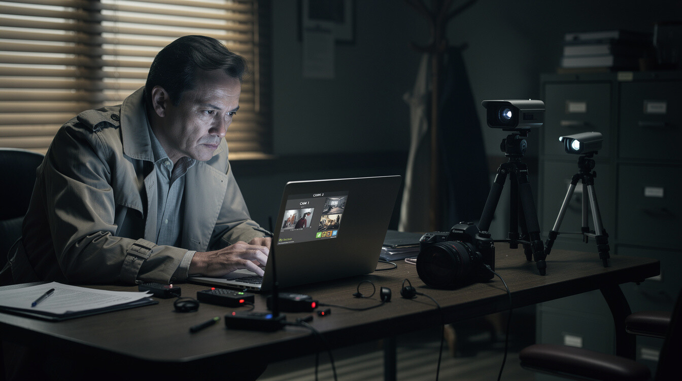 detective using laptop in dark room