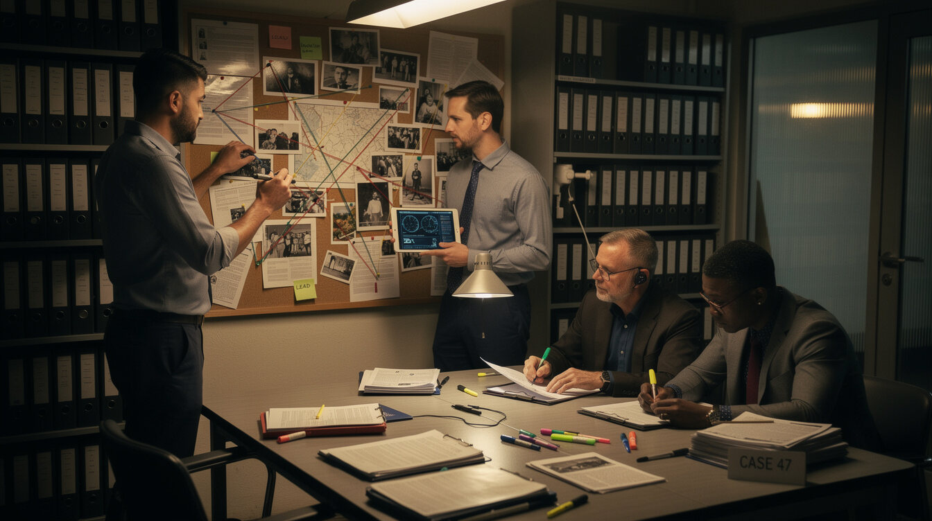 team analyzing evidence board