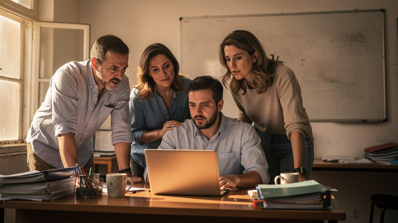 Small newsroom team discussing a story around a laptop