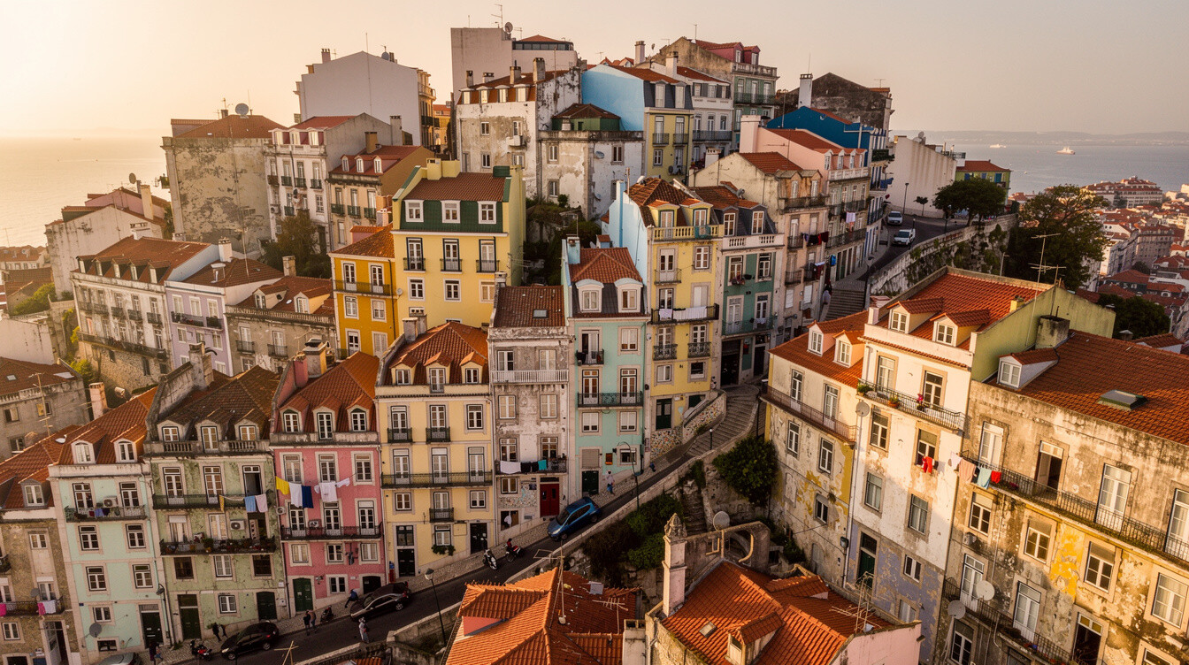 Aerial view of colourful houses on a hillside in Lisbon, Portugal